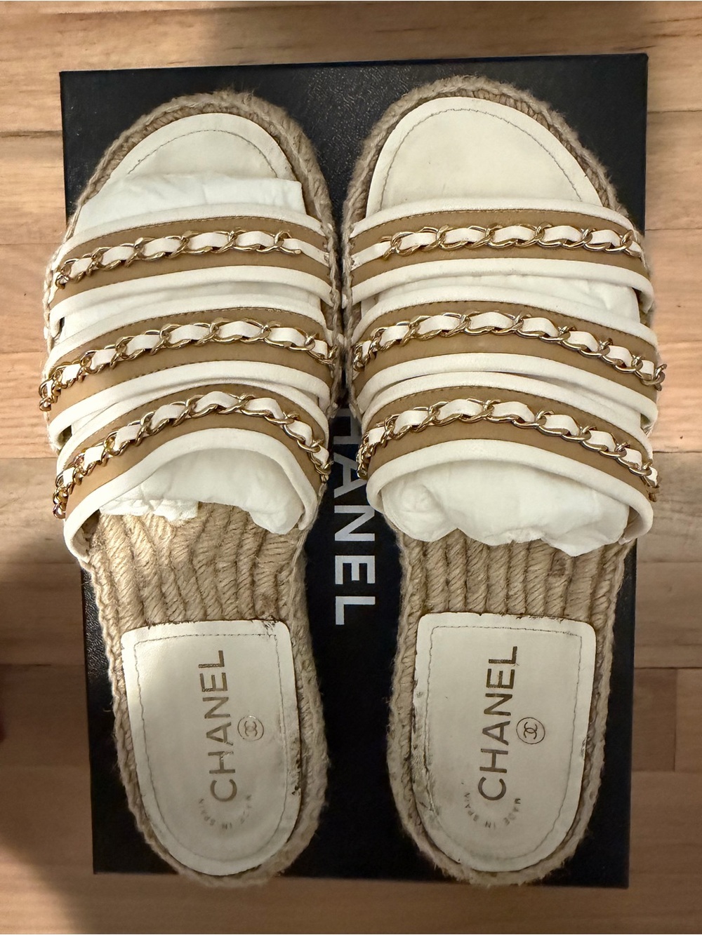 CHANEL White and Tan Espadrille Slide Sandals with Gold Chain Trim